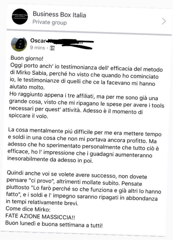Messaggio anonimizzato di una persona che ha seguito i percorsi di Mirko Sabia 21