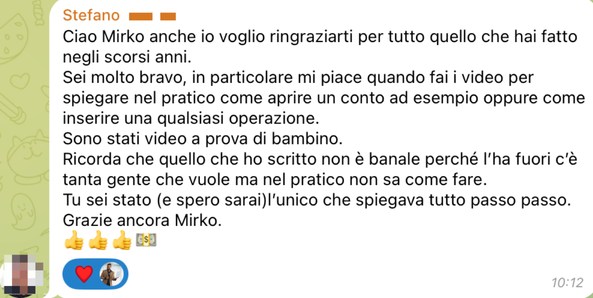 Messaggio anonimizzato di una persona che ha seguito i percorsi di Mirko Sabia 17
