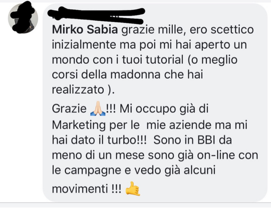 Messaggio anonimizzato di una persona che ha seguito i percorsi di Mirko Sabia 14